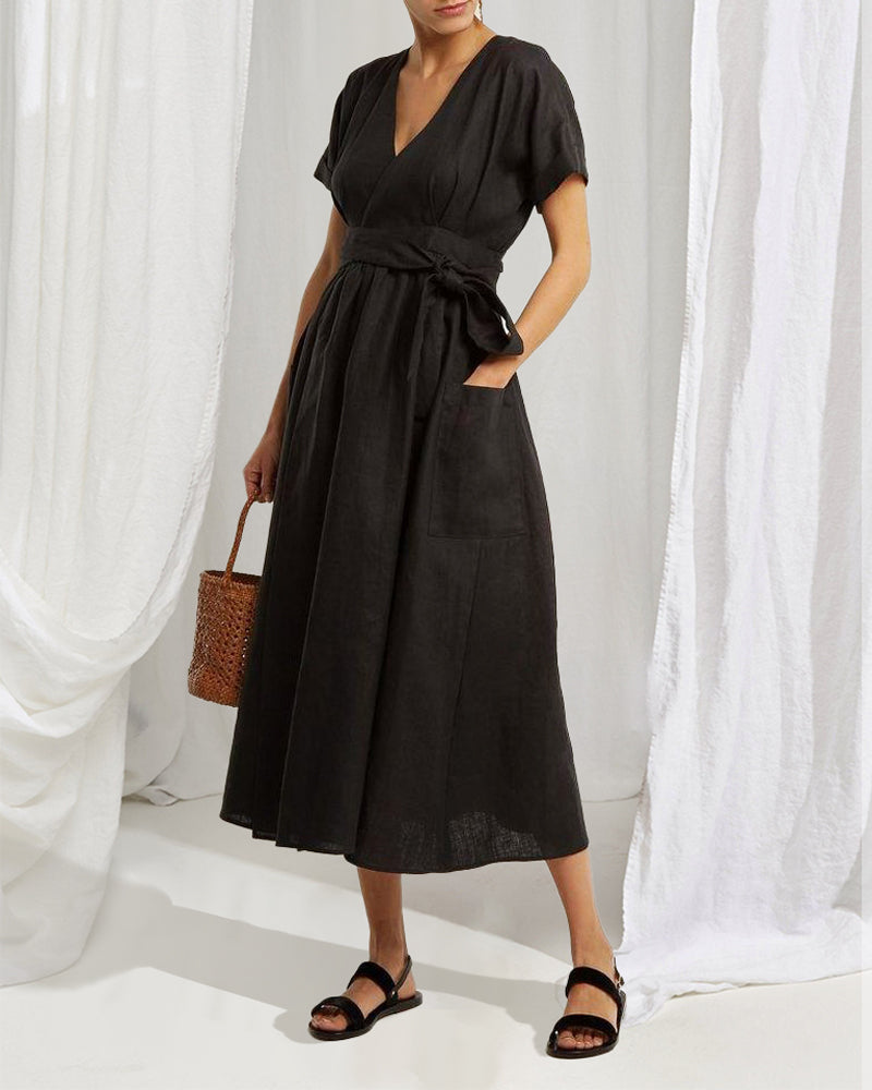 Casual V Neck Belted High Waist Cotton- Linen Dress