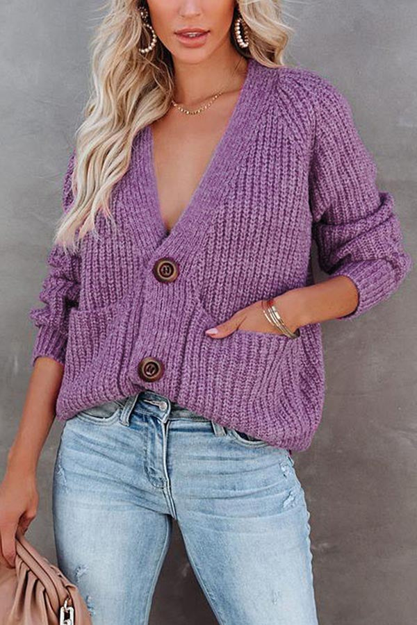 Solid V-Neck Cardigan Single Breasted Long Sleeve Sweater Jacket