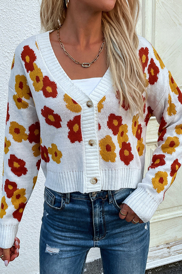 Long Sleeve Floral High Waist Knit Cardigan