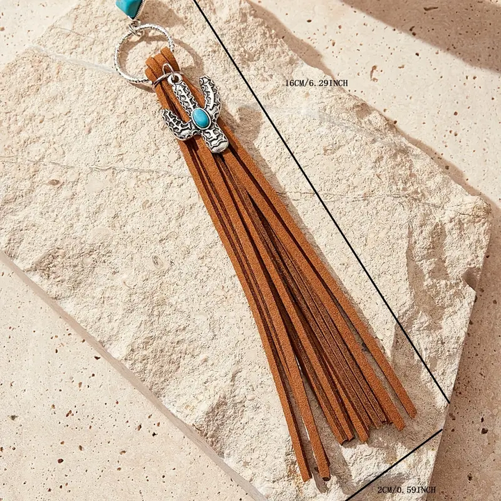 Long Tassel Dangle Earrings Inlaid With Turquoise & Artificial Leather Bohemian Cowboy Style Unique Statement Ear Decor