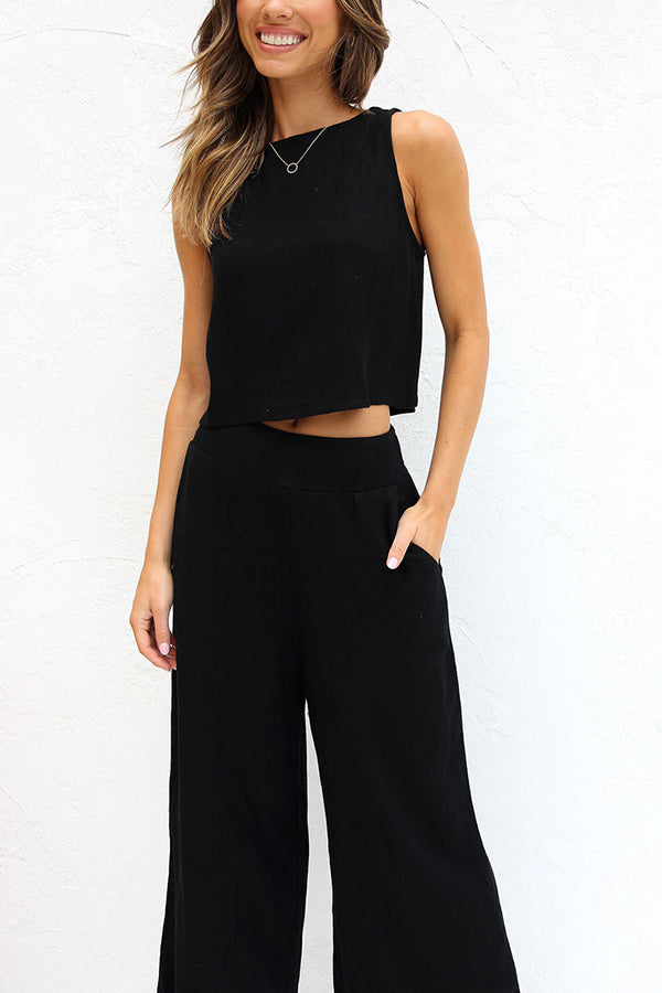 Khiara Basic Button Crop Top and Pocketed Pants Set