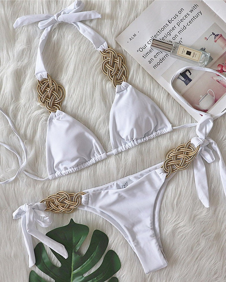 Solid Color Lace-Up Braided Lace Bikini