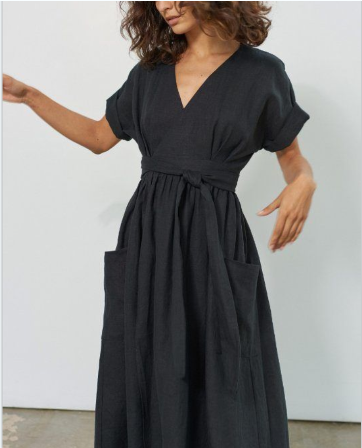 Casual V Neck Belted High Waist Cotton- Linen Dress