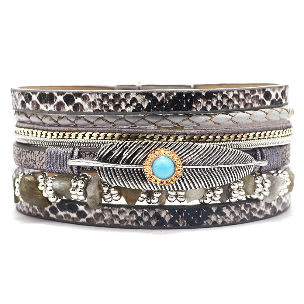 Feather Bracelet Wrist Ring Gravel Multi-Layer Leather Bracelet