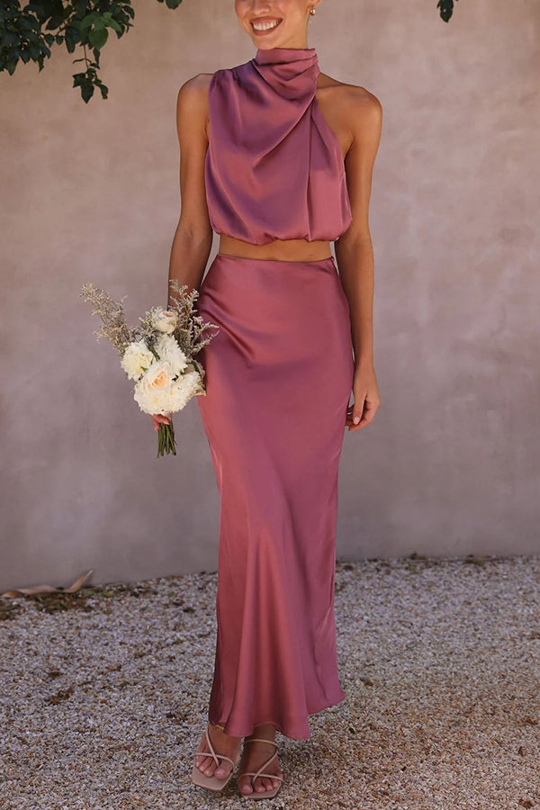 Such A Vibe High Neck Satin Drape Maxi Skirt Set