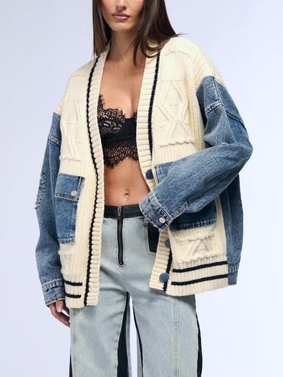 Unique Denim Patchwork Cable Knitted Cardigan