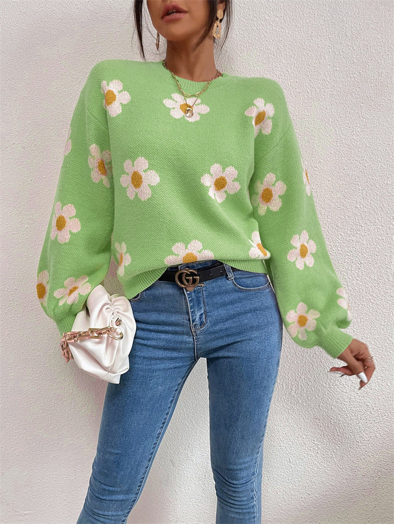 Floral Round Neck Jacquard Knitted Sweater Women's Top