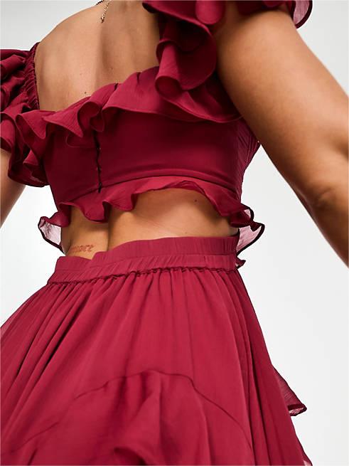 Flutterärm Ruched Corset Detail Tiered Midi Dress In Berry