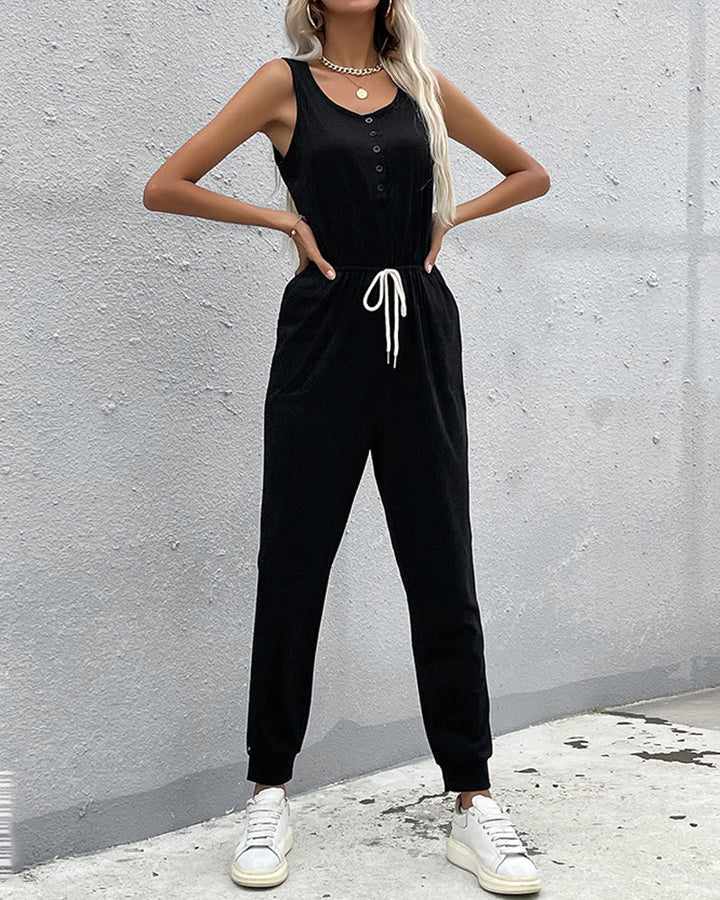 Solid Color Sleeveless Strappy Knit Jumpsuit