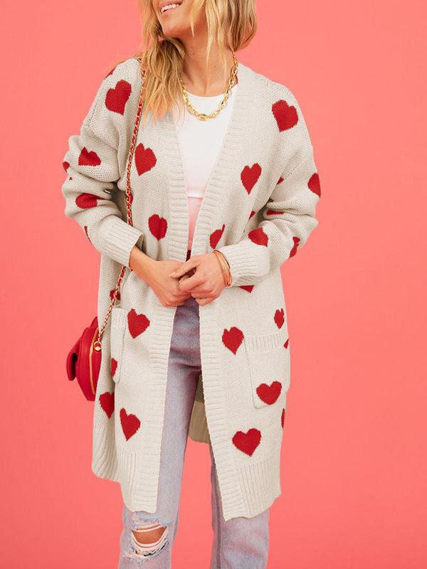 Women's Knitted Colorblock Love Heart Pattern V Neck Open Front Coat