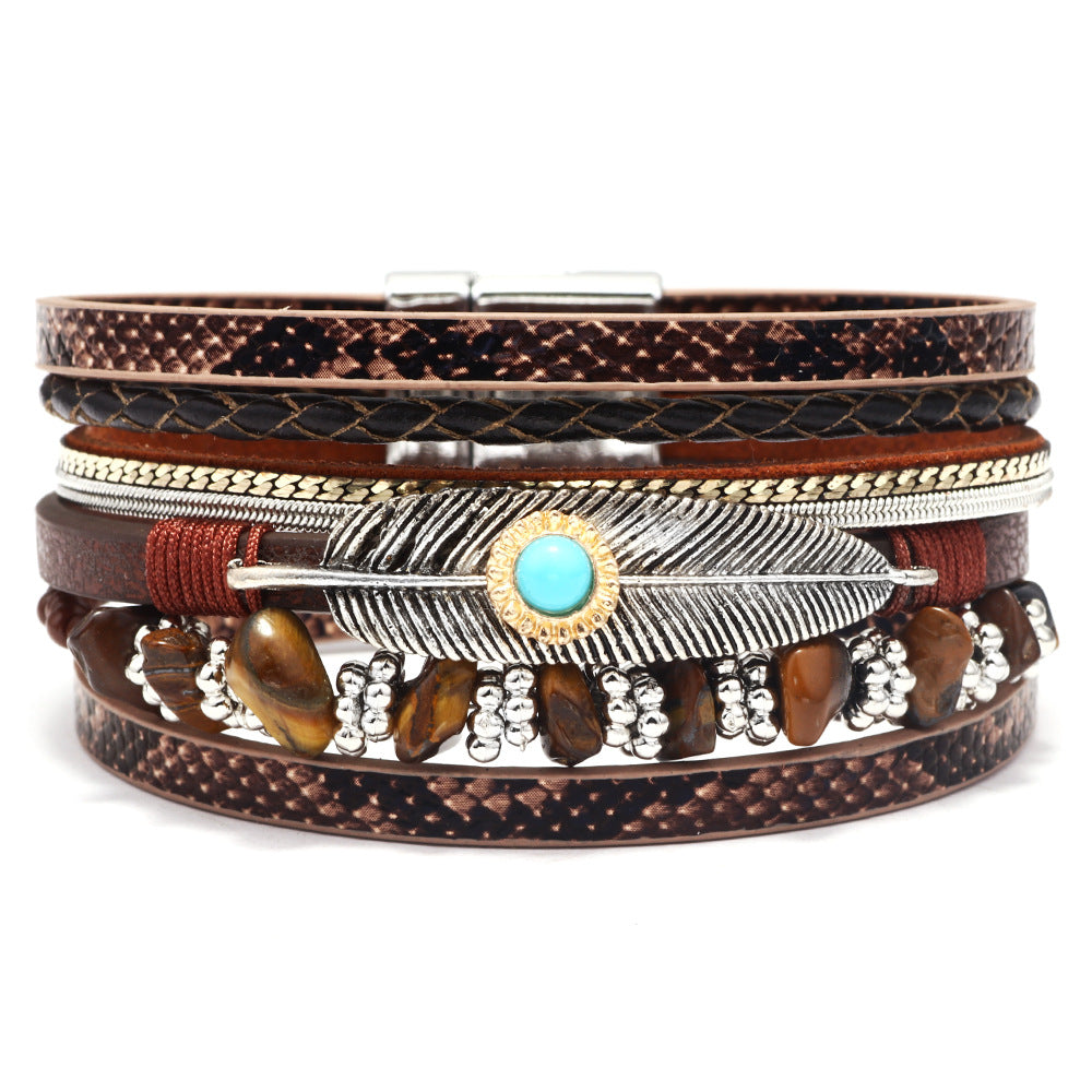 Feather Bracelet Wrist Ring Gravel Multi-Layer Leather Bracelet