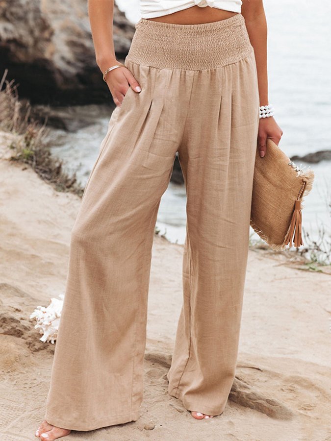 Women's Casual High Waist Trousers Solid Color Cotton Linen Loose Wide Leg Pants