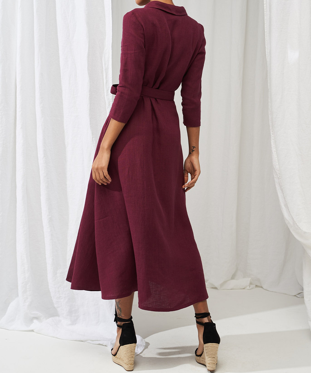 Elegant Linen Lace-Up Midi Dress