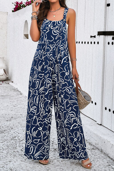 Bedruckter Jumpsuit mit breiten Trägern und Taschen