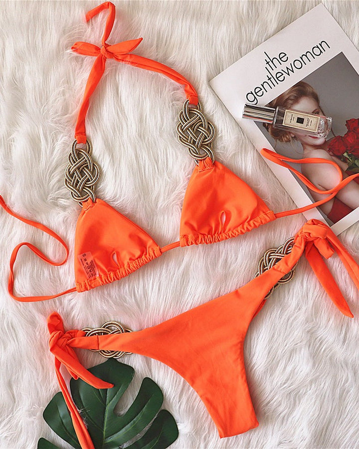 Solid Color Lace-Up Braided Lace Bikini