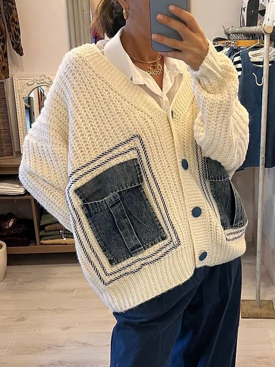 Unique Denim Patchwork Pockets Cardigan