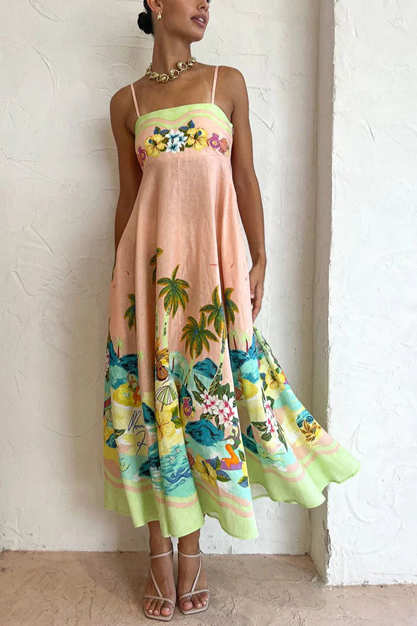 Vestido midi com estampa tropical e mistura de linho com cenário de coco