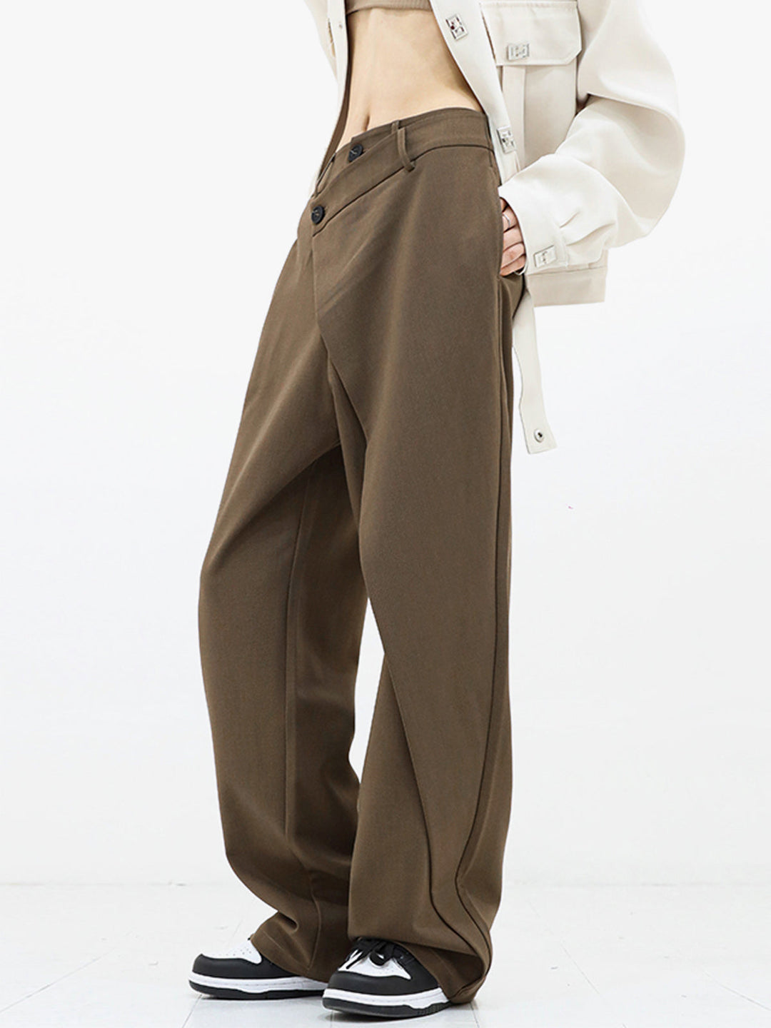 Asymmetrical Layer Button Baggy Wide Leg Pants