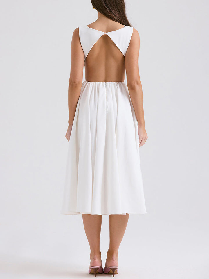 Stylish And Elegant Solid Color Round Neck Backless Sleeveless Midi Dress