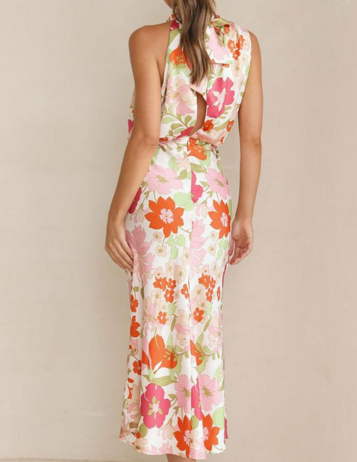 Floral Halter Neck Elastic Waist Maxi Dress