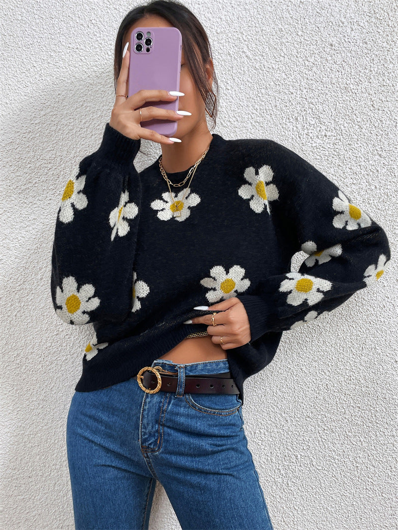 Floral Round Neck Jacquard Knitted Sweater Women's Top