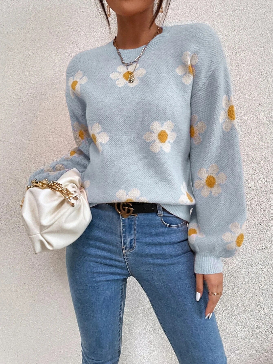 Floral Round Neck Jacquard Knitted Sweater Women's Top