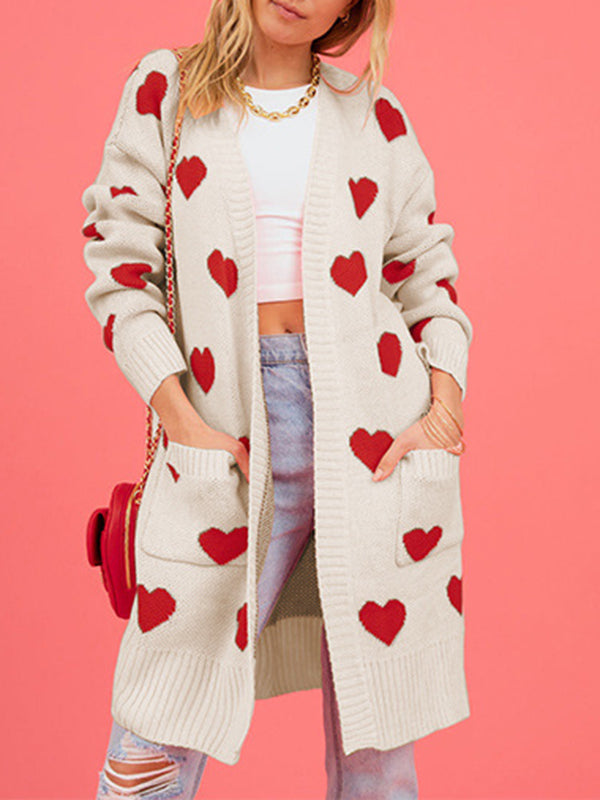 Women's Knitted Colorblock Love Heart Pattern V Neck Open Front Coat