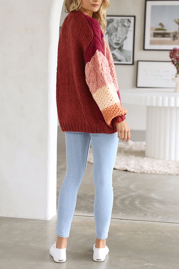 Rödrandig Casual Knit Cardigan