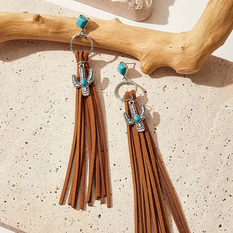 Pendientes colgantes con borlas largas con incrustaciones de turquesa y cuero artificial, estilo vaquero bohemio, decoración única para las orejas