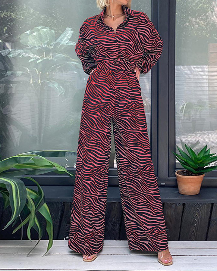 Fashion Print Lapel Long Sleeve Loose Jumpsuit