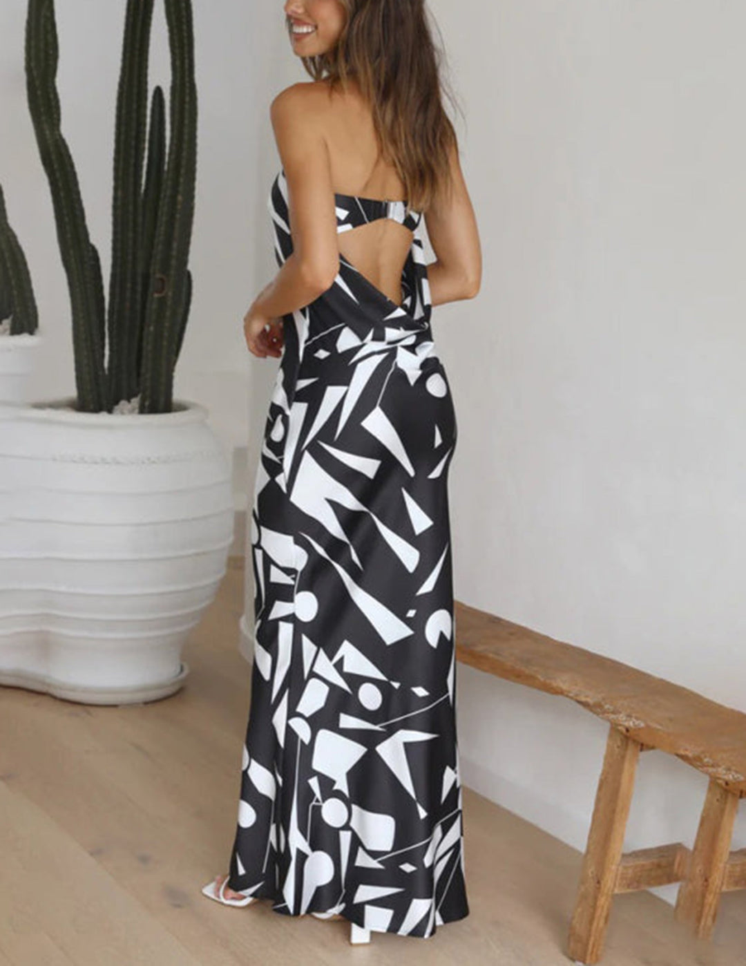 Satin Geometric Print Off Shoulder Maxi Dress