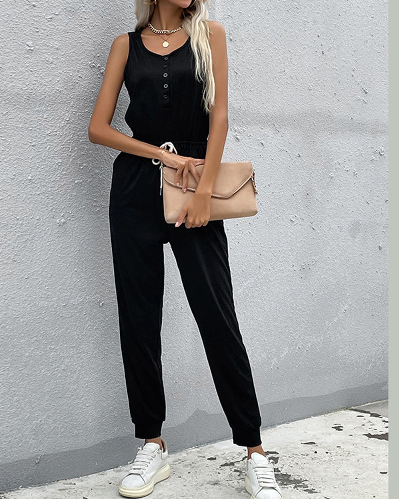 Solid Color Sleeveless Strappy Knit Jumpsuit