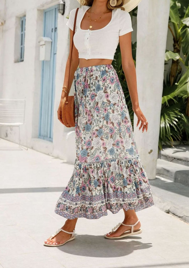 Romantic Boho Floral Print High Waist Skirt