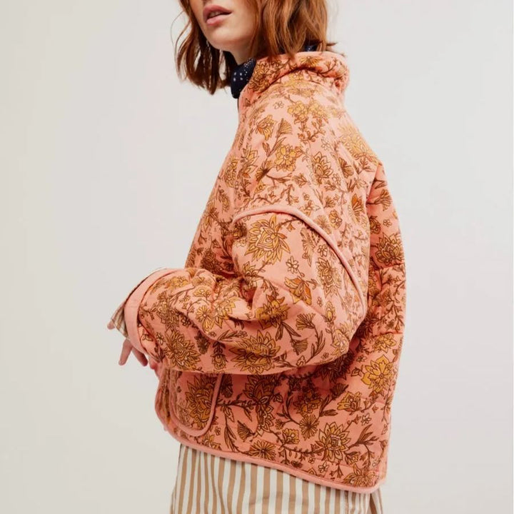 Floral Print Stand Collar Patchwork Jacket