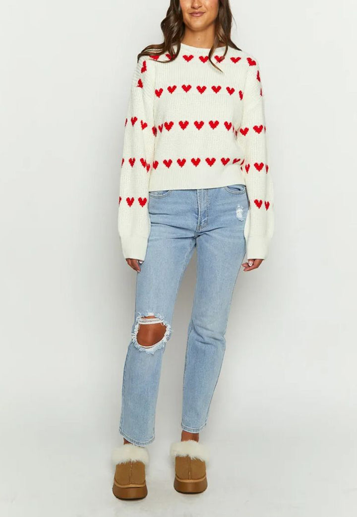 Lovey Red Heart Stripe Knitted Sweater