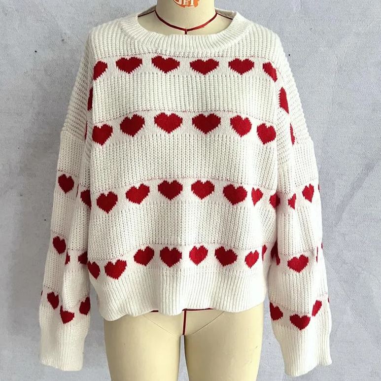 Lovey Red Heart Stripe Knitted Sweater