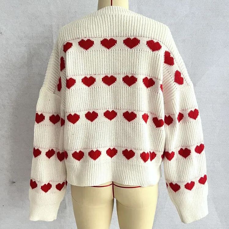 Lovey Red Heart Stripe Knitted Sweater