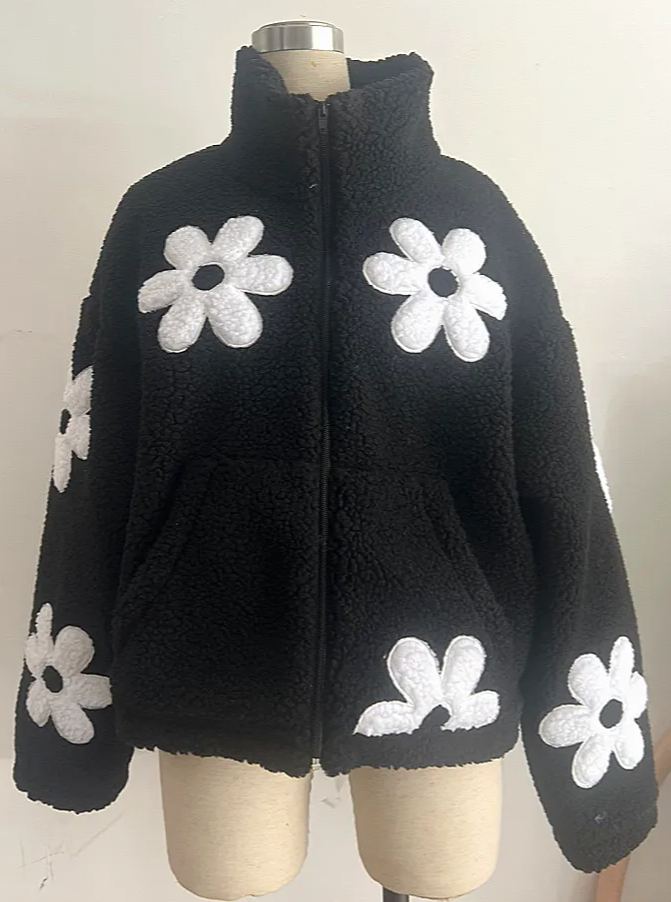 Zipper Lapel Plush Flower Jacket