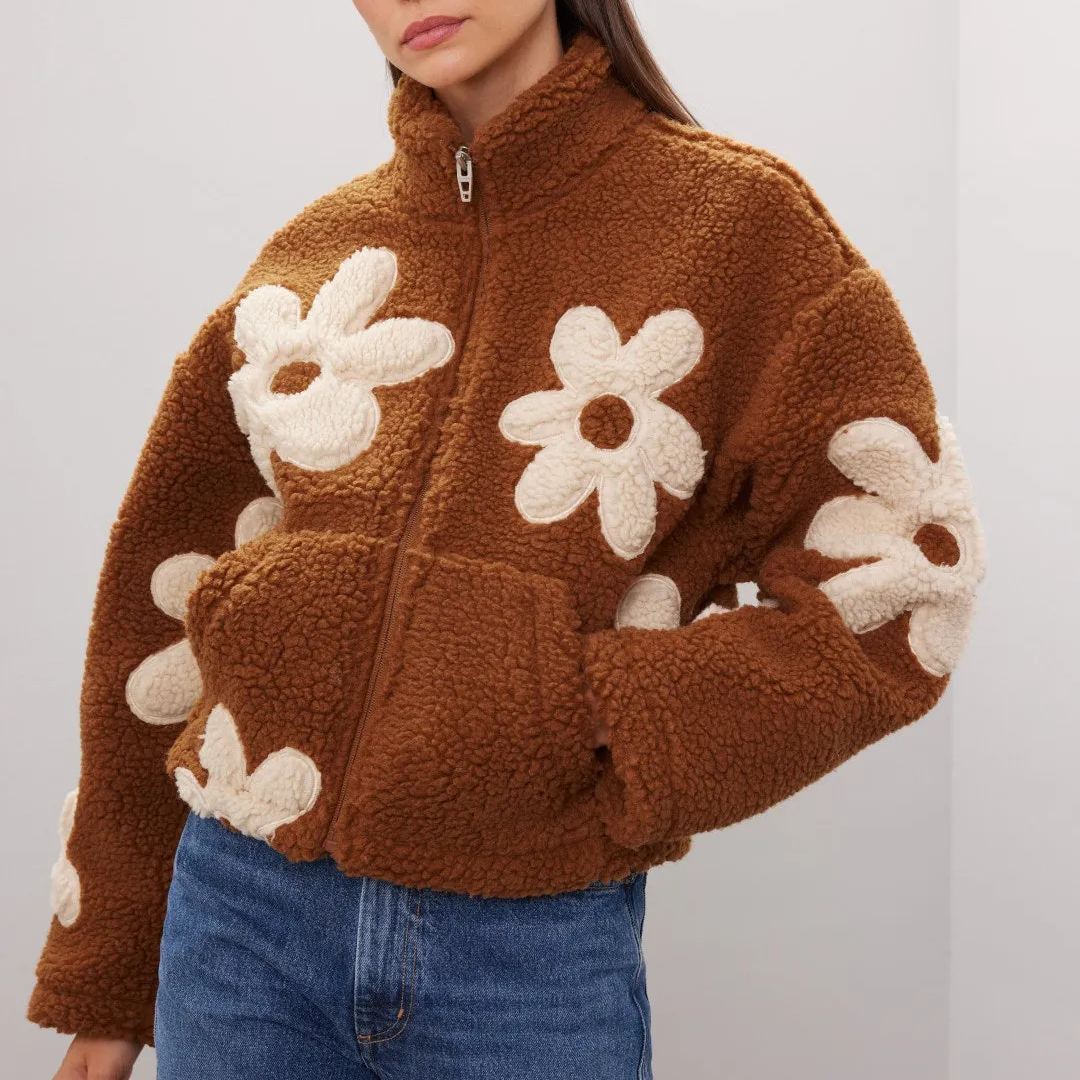 Zipper Lapel Plush Flower Jacket