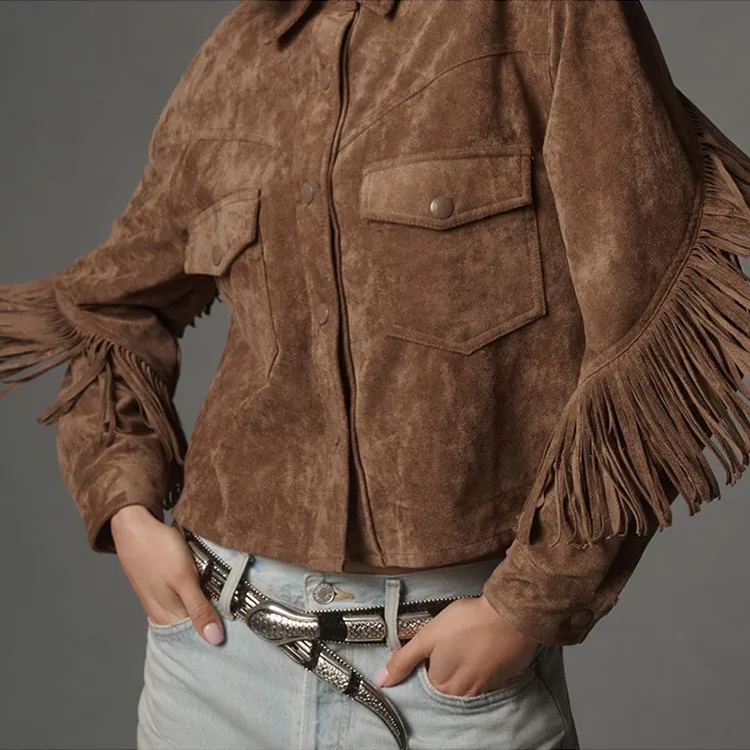 Western Cowboy Street-style Lapel Breasted Fringe Kort jacka