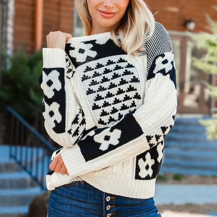 Floral Stitching Geometric Knit Sweater