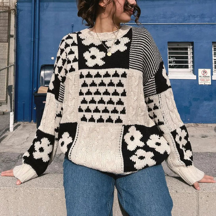 Floral Stitching Geometric Knit Sweater