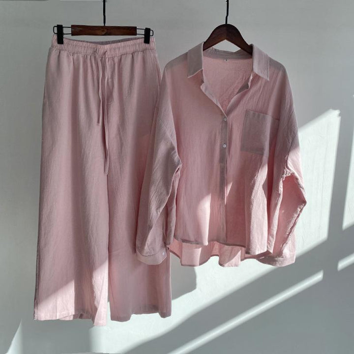 women's cotton linen shirt suit high waist loose trousers