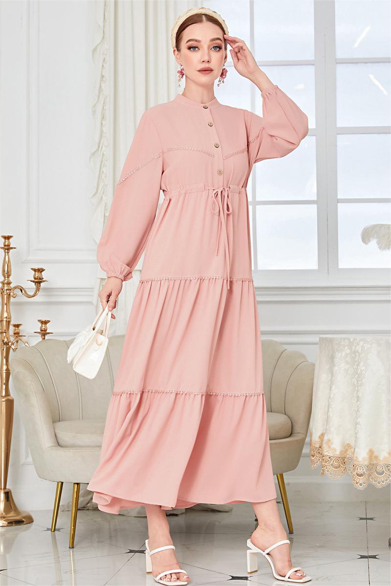 Long Sleeve Lace Up Midi Dress Pink