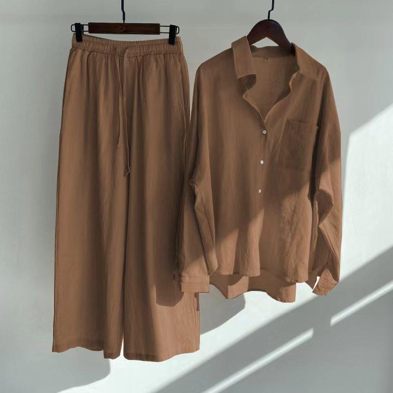 women's cotton linen shirt suit high waist loose trousers