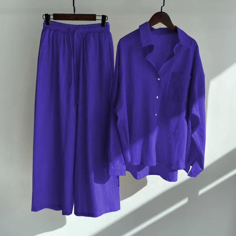 women's cotton linen shirt suit high waist loose trousers