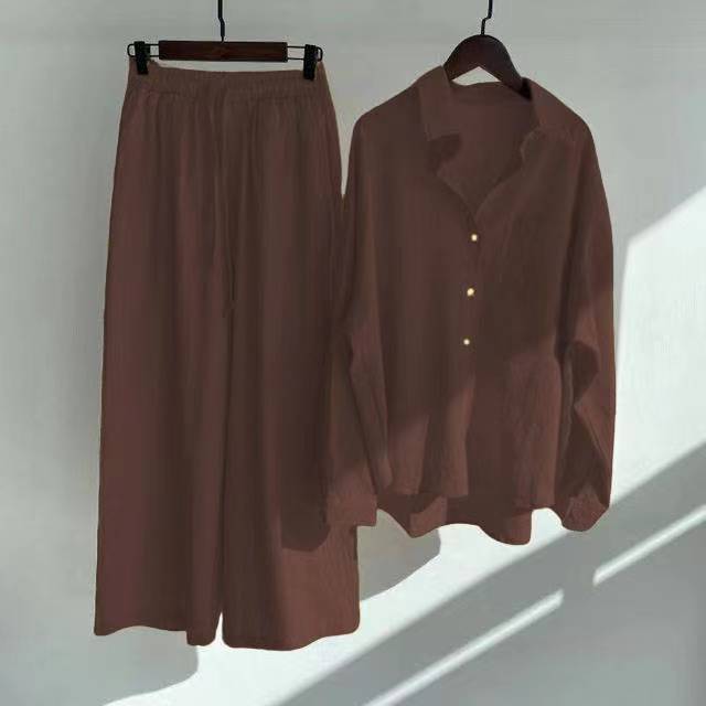 women's cotton linen shirt suit high waist loose trousers