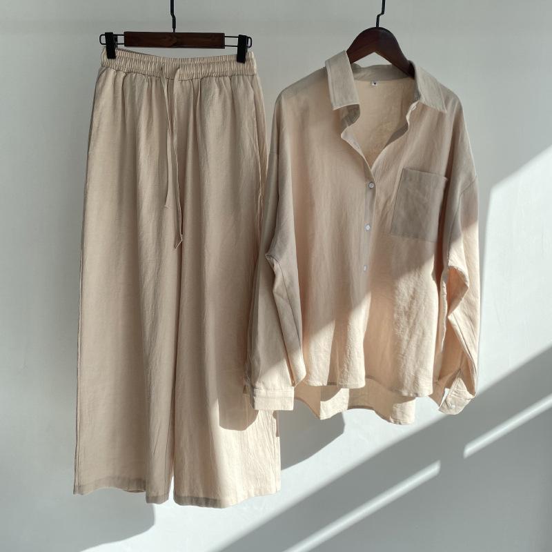 women's cotton linen shirt suit high waist loose trousers