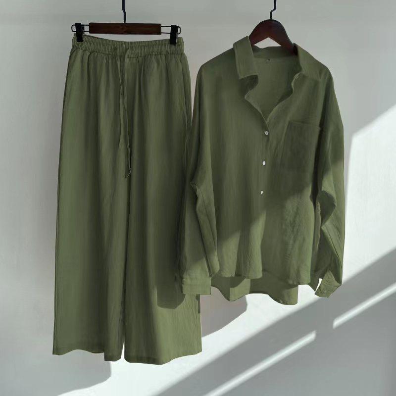 women's cotton linen shirt suit high waist loose trousers