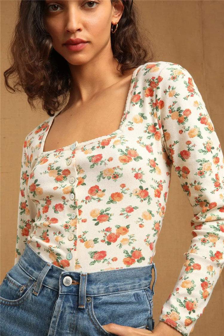 Ribbed Floral Long Sleeve Square Collar Blouse